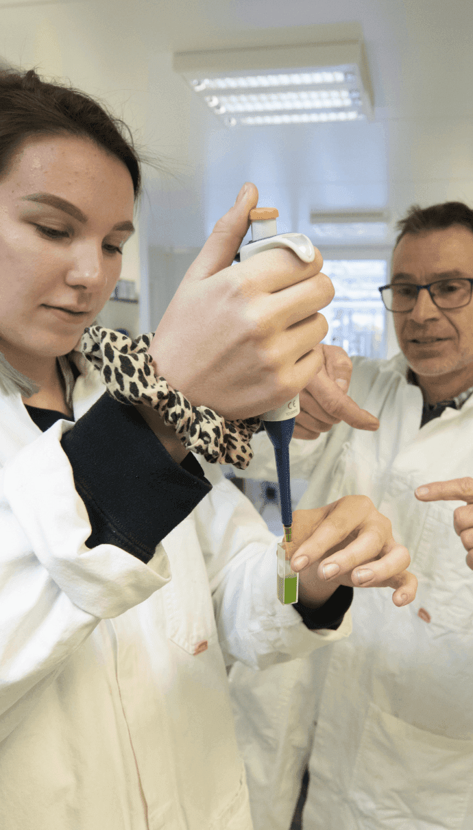 Two people working together on algae